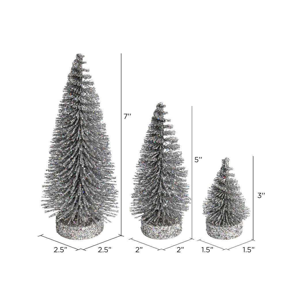 Vickerman 3"-5"-7" Silver Glitter Oval Pine Artificial Christmas Tree Set of 3