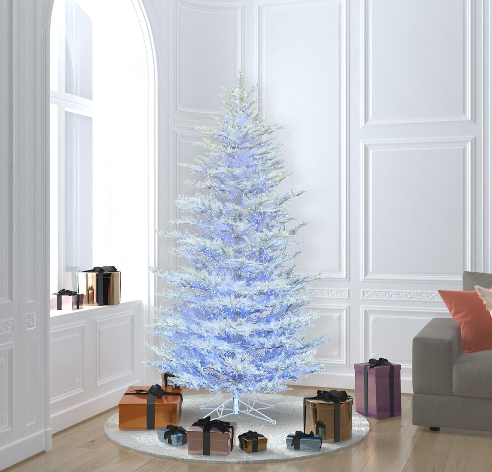 Vickerman 6.5' x 50" Flocked Cedar Pine Artificial Christmas Tree Low Voltage LED Pure White and Blue Wide Angle 3mm Lights