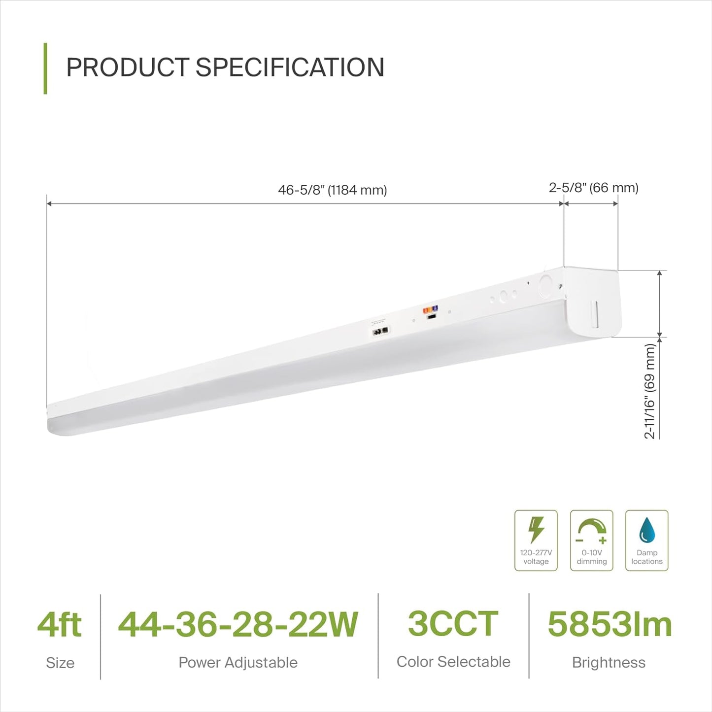 ASD Lighting LED Striplight Fixture 4ft 22/28/36/44W 120-277V 0-10V Dimmable 140Lm/W 3500/4000/5000K White UL DLC Standard