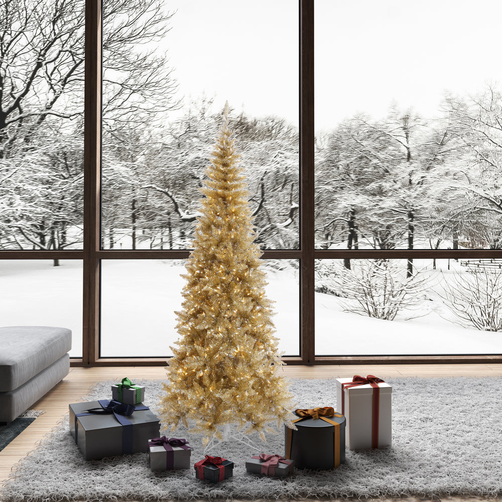 Vickerman 6.5' Champagne Tinsel Fir Slim Artificial Christmas Tree Warm White Dura-lit LED Lights