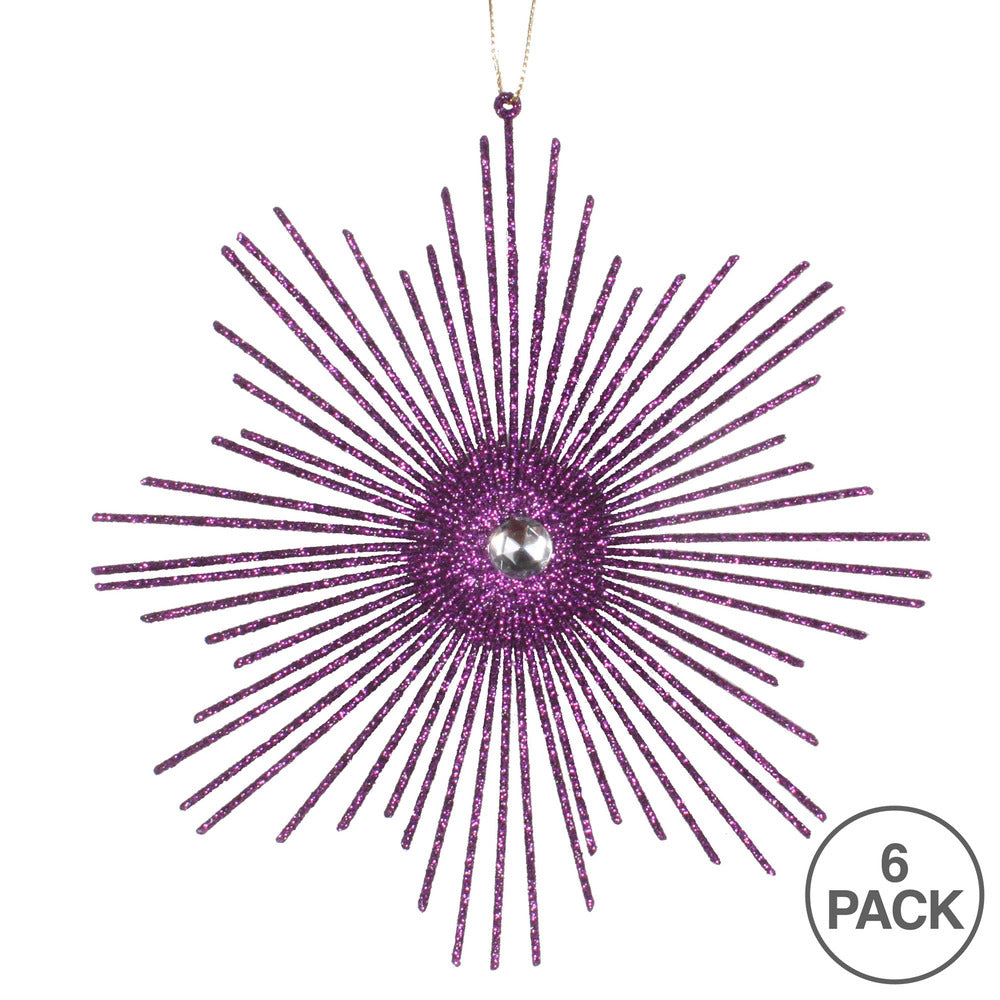 Vickerman 6.5" Plum Snowflake Burst Glitter Christmas Ornament 6 per Bag