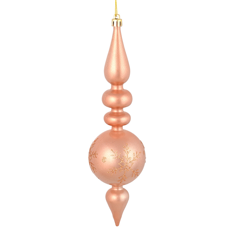 Vickerman 10 by 2.4" Rose Gold Candy Glitter Snowflake Finial 4/Bag. Add some sparkle and shine to your holiday decorating projects with this 10 inch finial ornament. Made with shatterproof plastic. Ornament has a drilled cap secured with green floral wir