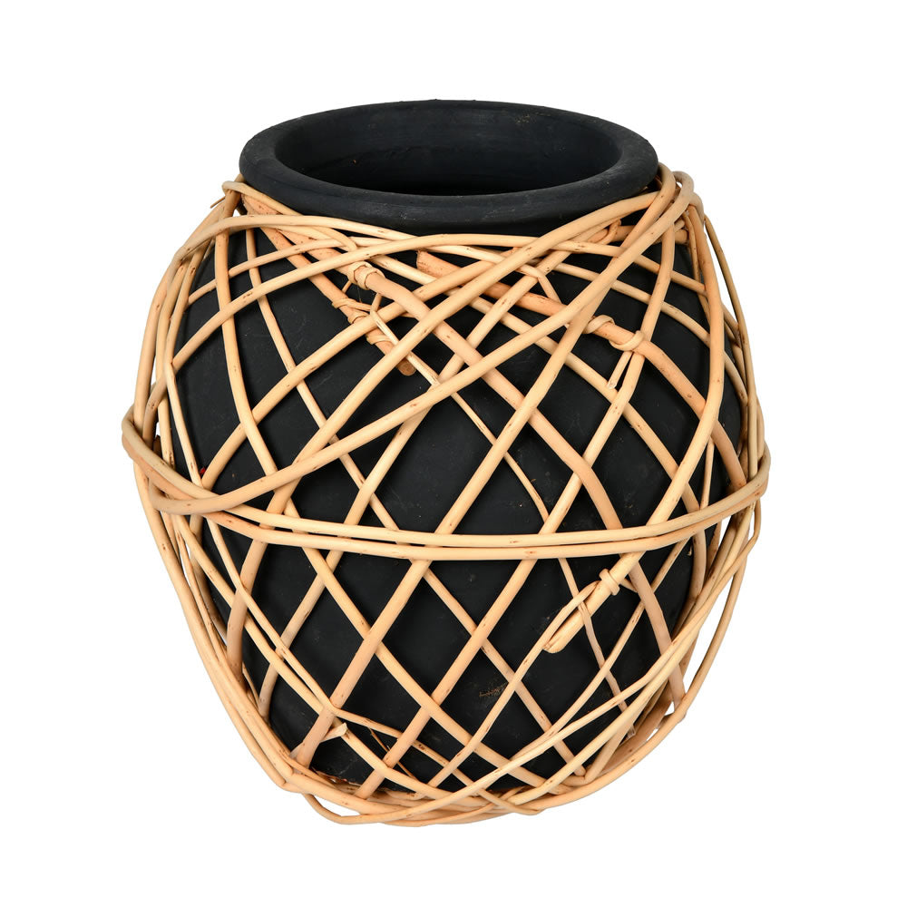 Vickerman 9" Charcoal Terracotta Vase with Wicker. This vase measures 9 inches tall by 9 inches wide. Pair this vase with your favorite faux greenery for a finished look. 80% TERRACOTTA 20% WILLOW