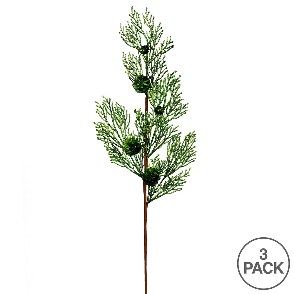 Vickerman 36" Green Glitter Pine Cone Artificial Christmas Spray. Includes 3 sprays per pack.