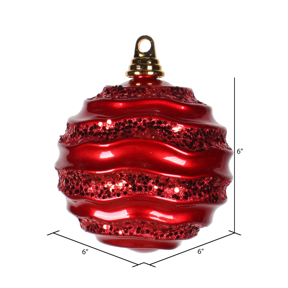 Vickerman 6" Red Stripe Candy Finish Wave Ball Christmas Ornament with Glitter Accents