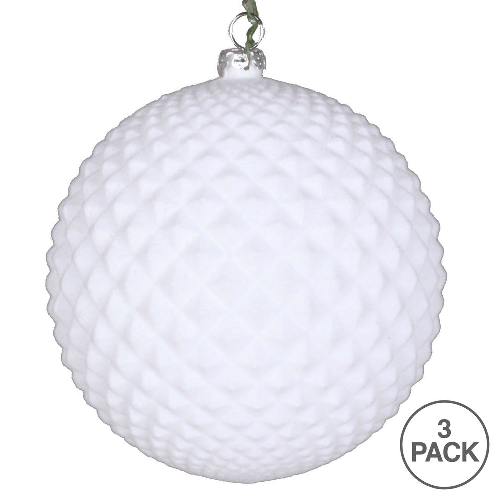 Vickerman 4" White Flocked Durian Ball Ornament 3 per Bag