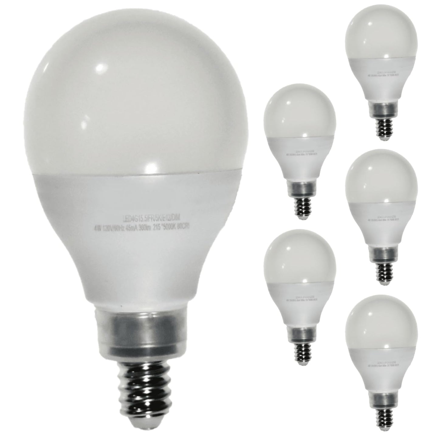 Damar- G15.5 LED Light Bulb Frosted Globe Shape Dimmable 4W 360 Lumens E12 Candelabra Base 5000K Bright White Pack of 6- Small Short Round Lamp for Chandelier Vanity Ceiling Fan Pendant