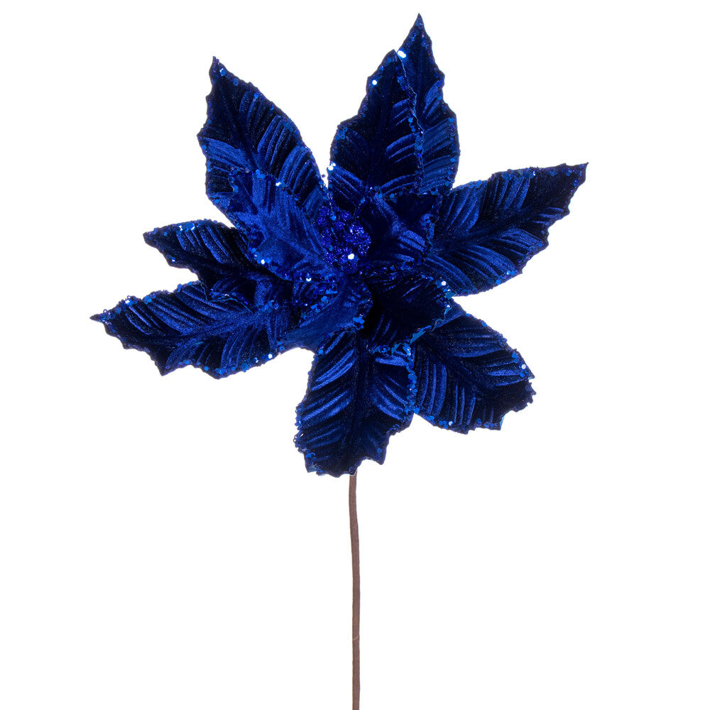 Vickerman 24" Blue Velvet Sequin Trim Poinsettia 3 per bag.