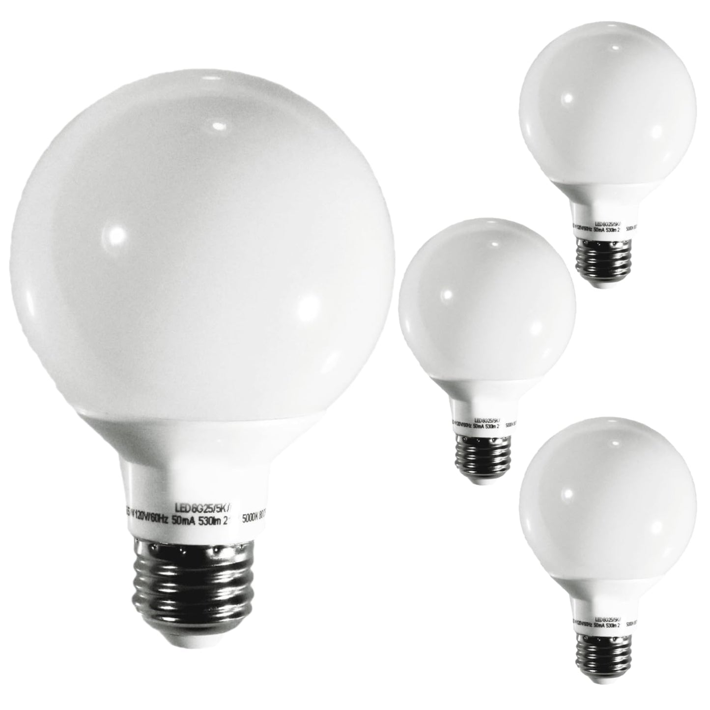 Damar- G25 Globe Light Bulbs White Round Vanity LED Lamp 6W 530 Lumens E26 Medium Base 5000K Bright White Dimmable Pack of 4- for Bathroom Makeup Mirror Bedroom