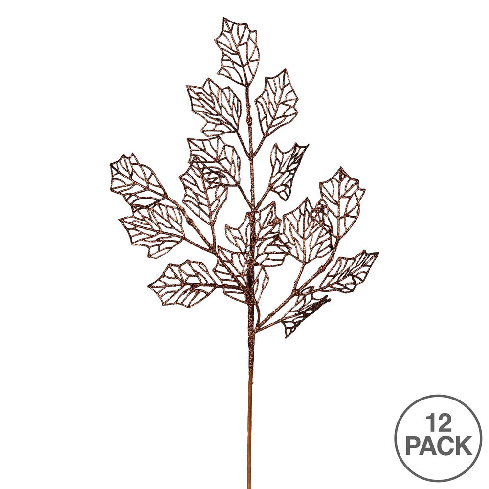 Vickerman 21" Chocolate Glitter Holly Leaf Lace Artificial Christmas Spray. Includes 12 sprays per pack.