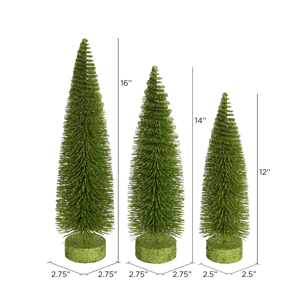 Vickerman 12"-14"-16" Lime Glitter Oval Pine Artificial Christmas Tree Set of 3