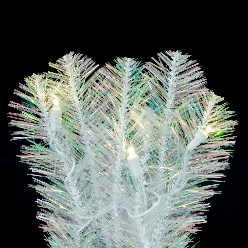 Vickerman 30" White Iridescent Artificial Pre-Lit Wreath with 70 Pure White LED 5MM Lights. It measures 30 inches wide. The diameter is measured from the end of one tip across to the other with the wreath tips extended outward. This wreath boasts 180 PVC