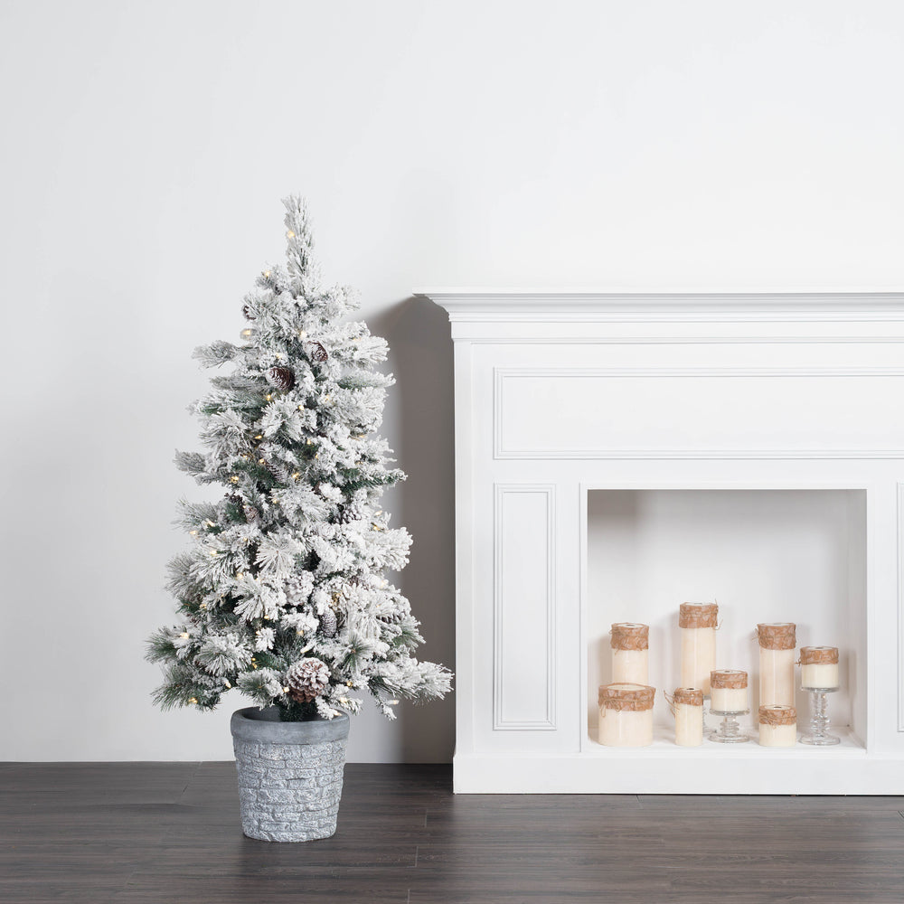 Vickerman 5' Potted Flocked Ashton Pine Artificial Christmas Tree Warm White Lights