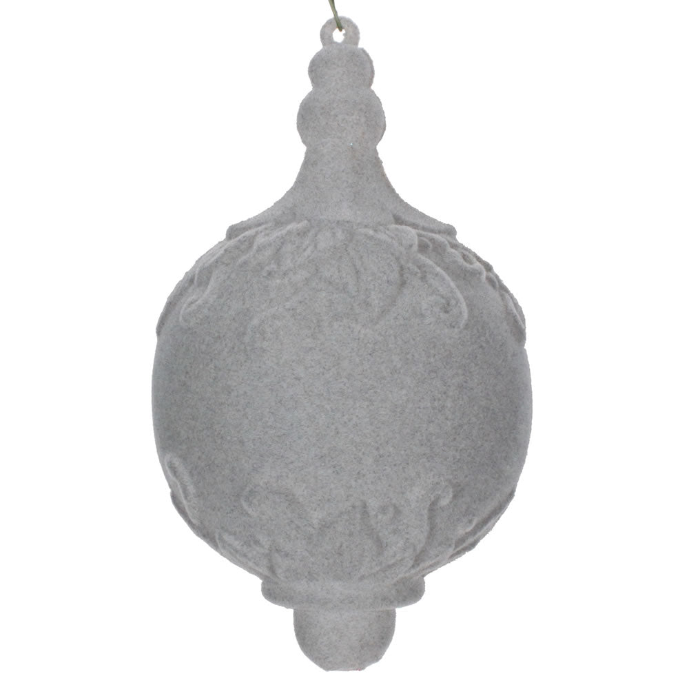 Vickerman 4" Silver Flocked Drop Finial Ornament 3/Bag. These ornaments feature a soft and fuzzy finish. They are the perfect addition to any holiday decorating project. Each ornament features a drilled cap with threaded wire for easy decorating. Includes