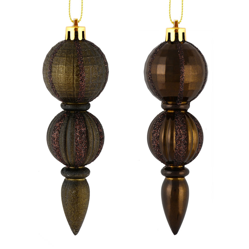 Vickerman 5" Chocolate Glitter Finial Asst 6/Bx. This assortment of 6 ornaments features glitter and matte finishes. This assorted set will add sparkle to any holiday decorating project.
