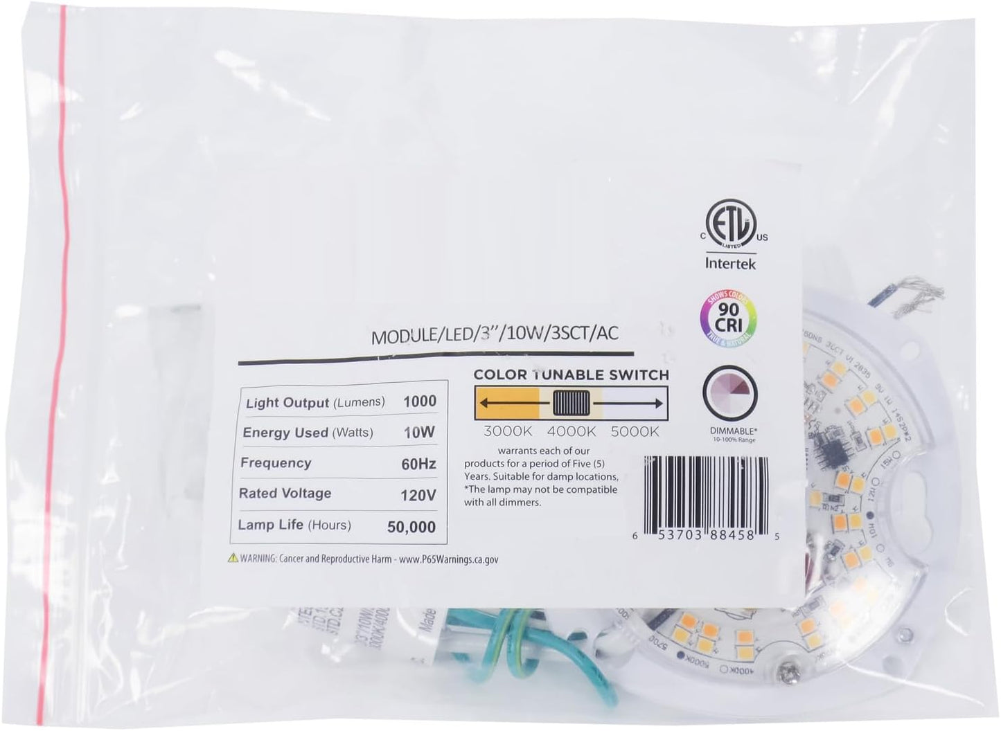 Sunlite 88458-SU 3-Inch AC LED Light Engine Module, 10 Watts (75W=), 1000 Lumens, CCT Selectable 3000K/4000K/5000K, 90 CRI, Dimmable, 50,000 Hours Life Span, 120V, ETL Listed