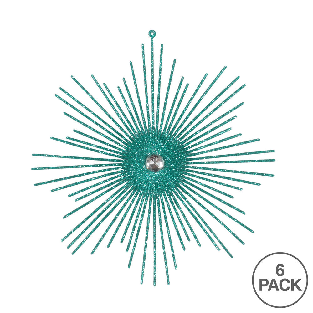 Vickerman 6.5" Teal Snowflake Burst Glitter Christmas Ornament 6 per Bag