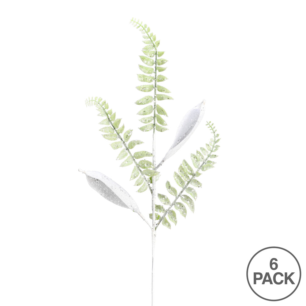 Vickerman 33" White Fern Leaf Glitter Artificial Christmas Spray. Includes 6 sprays per pack.