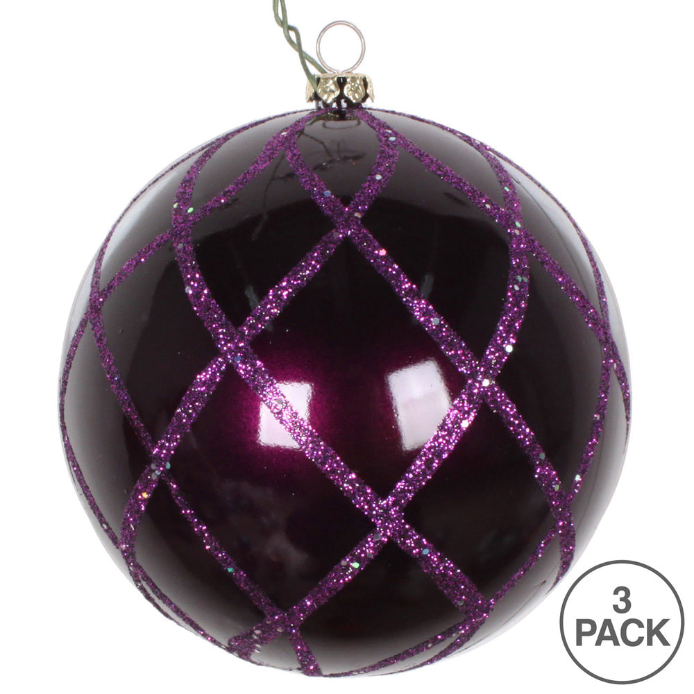 Vickerman 4" Plum Candy Glitter Net Ball Ornament 3 per Bag