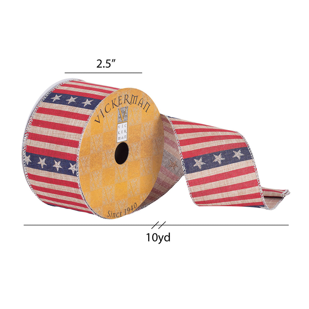 Vickerman 2.5" x 10 Yards American Flag Tan Ribbon