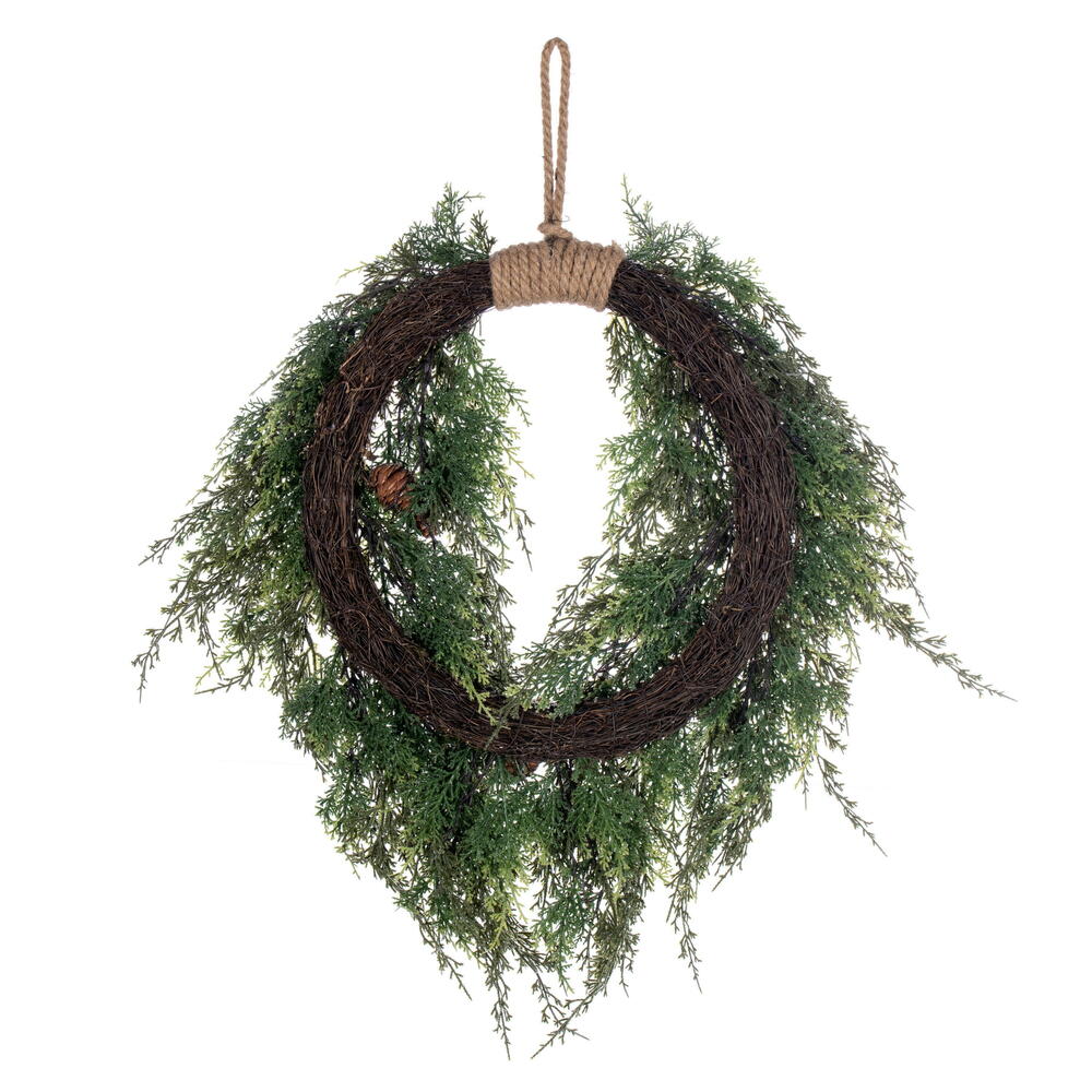 Vickerman 24" Artificial Snow Cedar Hanging Wreath with Pinecones.