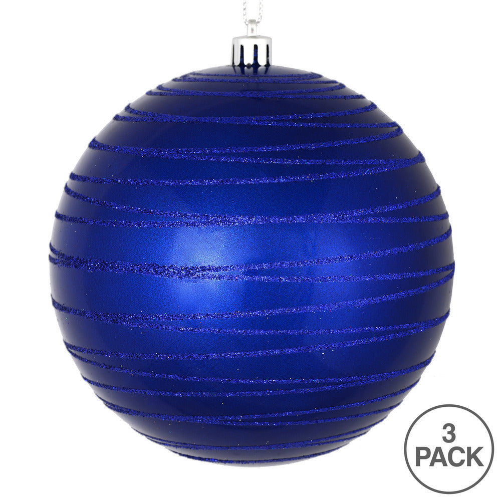 Vickerman 6" Cobalt Blue Candy Finish Ball Ornament with Glitter Lines 3 per Bag