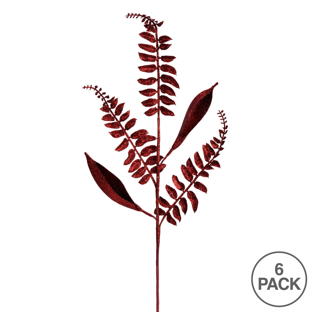 Vickerman 33" Burgundy Fern Leaf Glitter Artificial Christmas Spray. Includes 6 sprays per pack.
