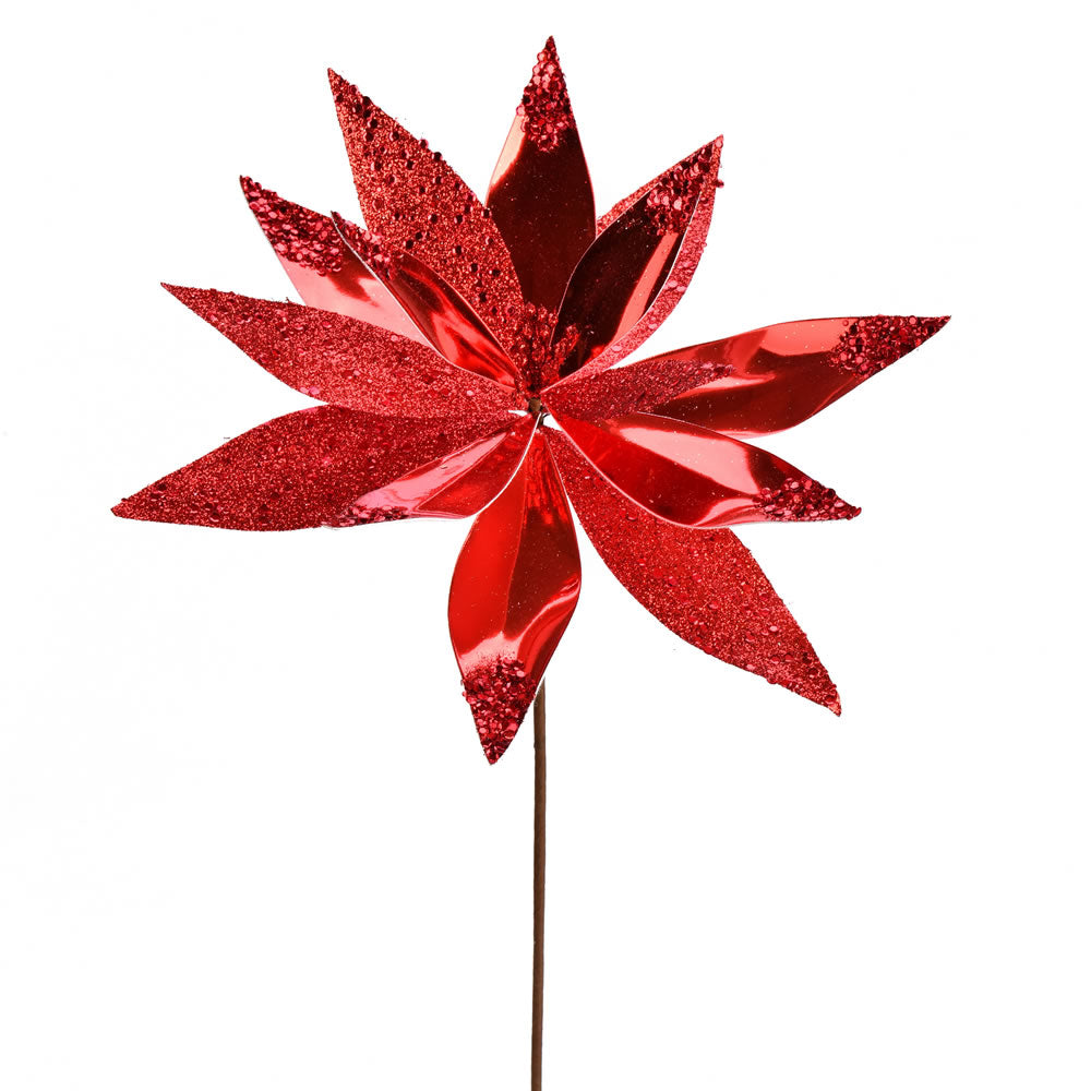 Vickerman 13" x 22" Red Shiny Poinsettia Glitter Spray 6/Bag. These artificial sprays feature shiny petals with glitter accents. They add the perfect pop of shimmer to any holiday decorating project. Includes 6 sprays per pack.