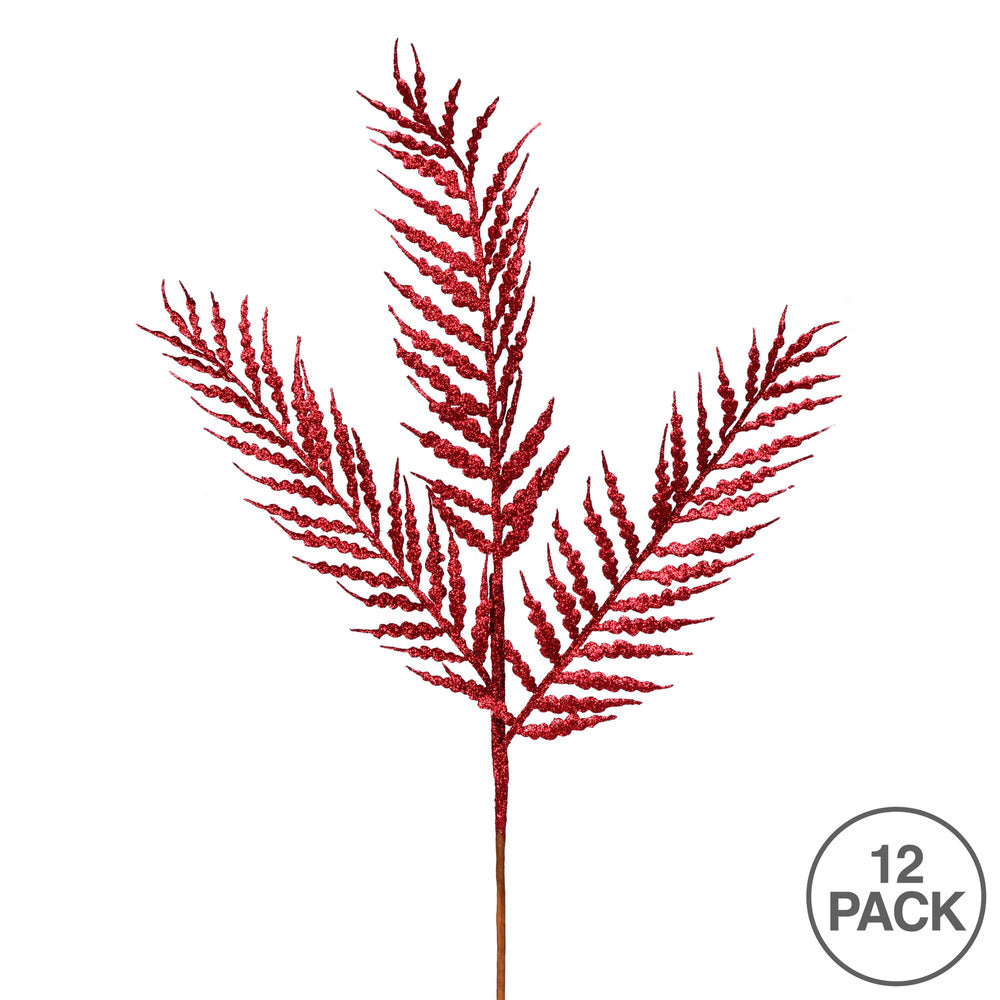 Vickerman 21" Burgundy Glitter Feather Fern Artificial Christmas Spray. Includes 12 sprays per pack.