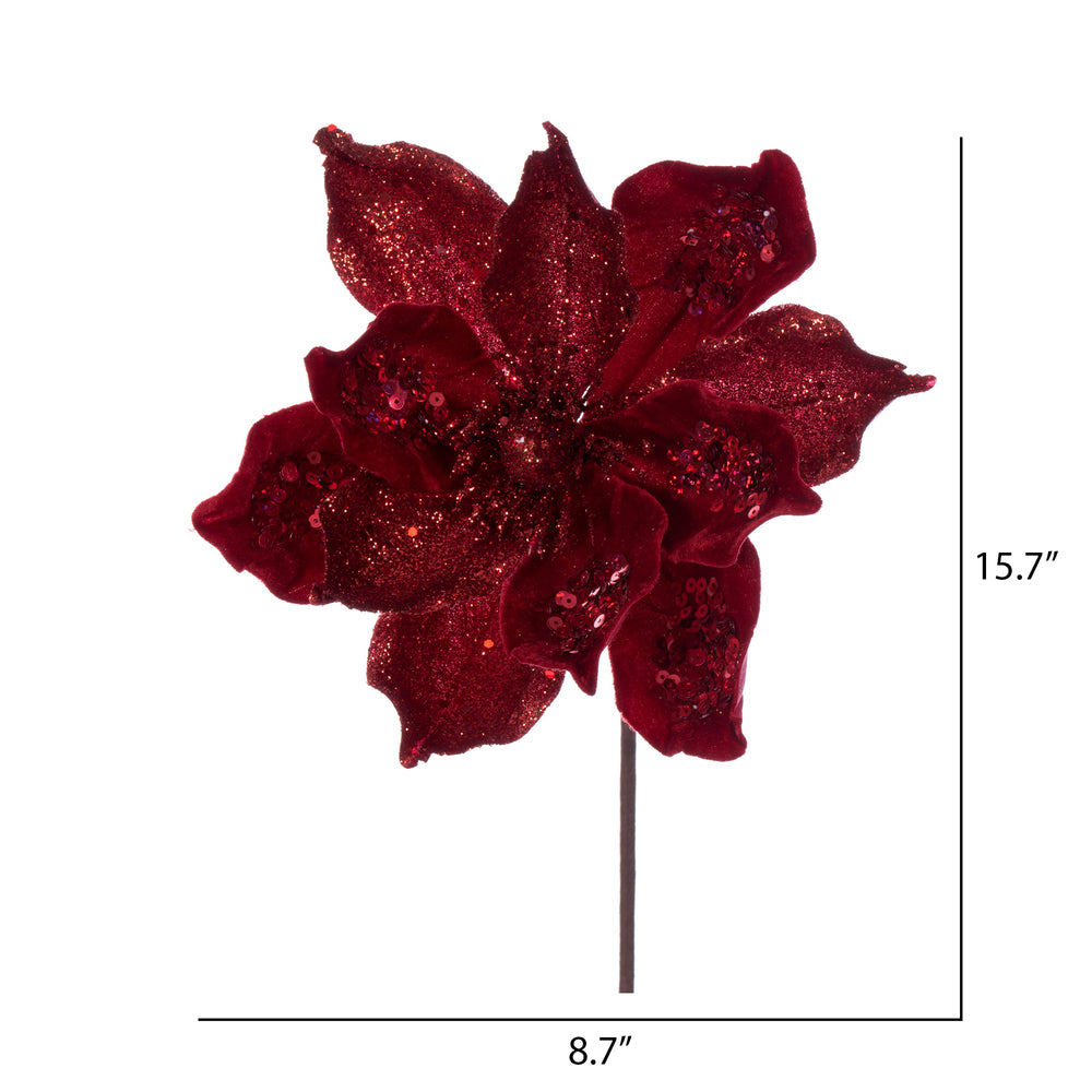 Vickerman 15" Artificial Red Deluxe Magnolia Christmas Stem 8" Flower 6 per bag
