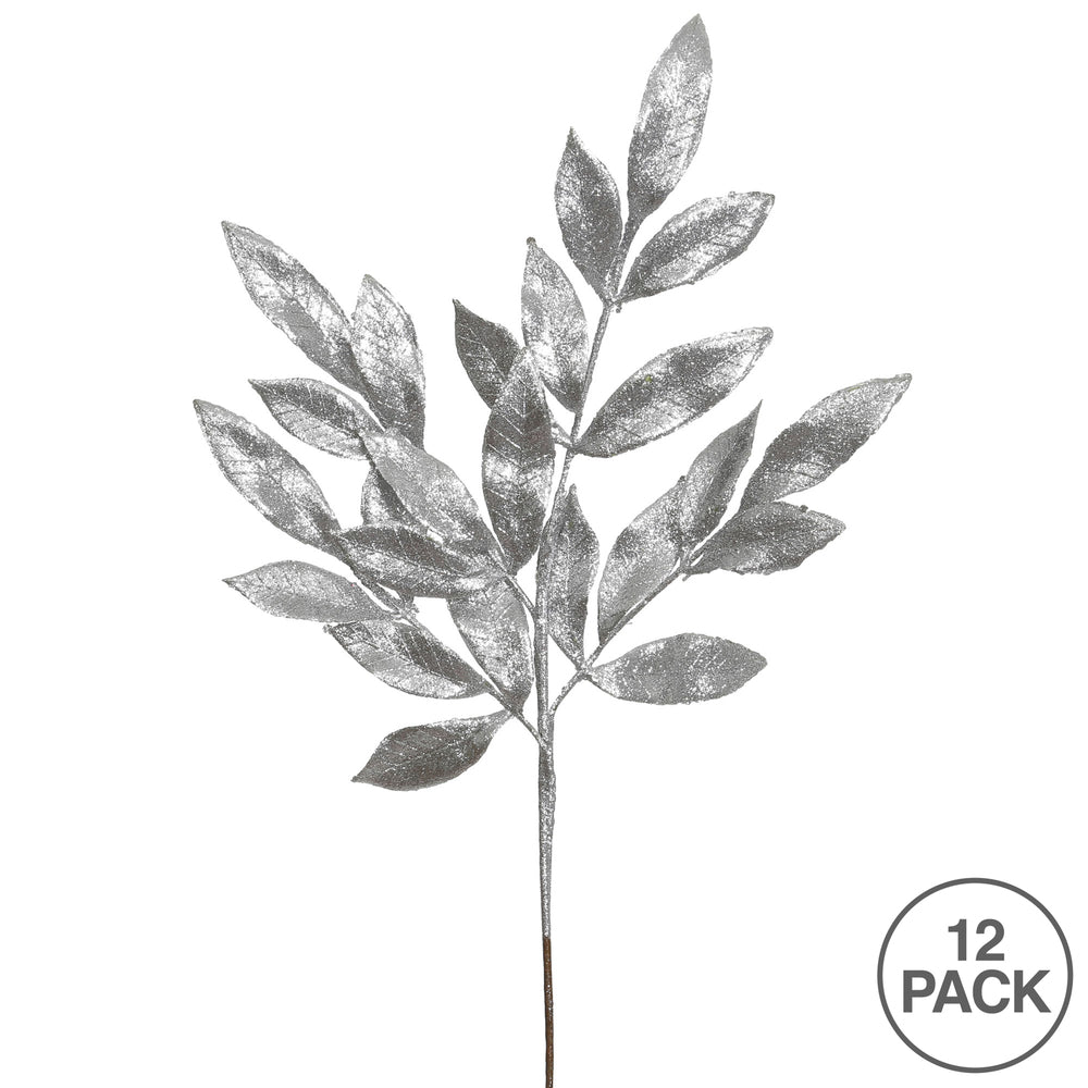 Vickerman 22" Silver Glitter Bay Leaf Artificial Christmas Spray. Includes 12 sprays per pack