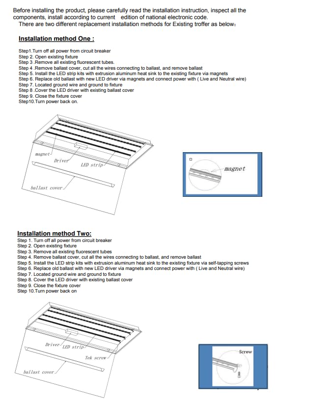 Damar- 4Ft Magnetic LED Troffer Retrofit Kit 40W 5200 Lumens 5000K Bright White Dimmable 110? Beam Angle 100-277V Pack of 2- Fluorescent Replacement Panel Strip Light Easy Install No Tools Required