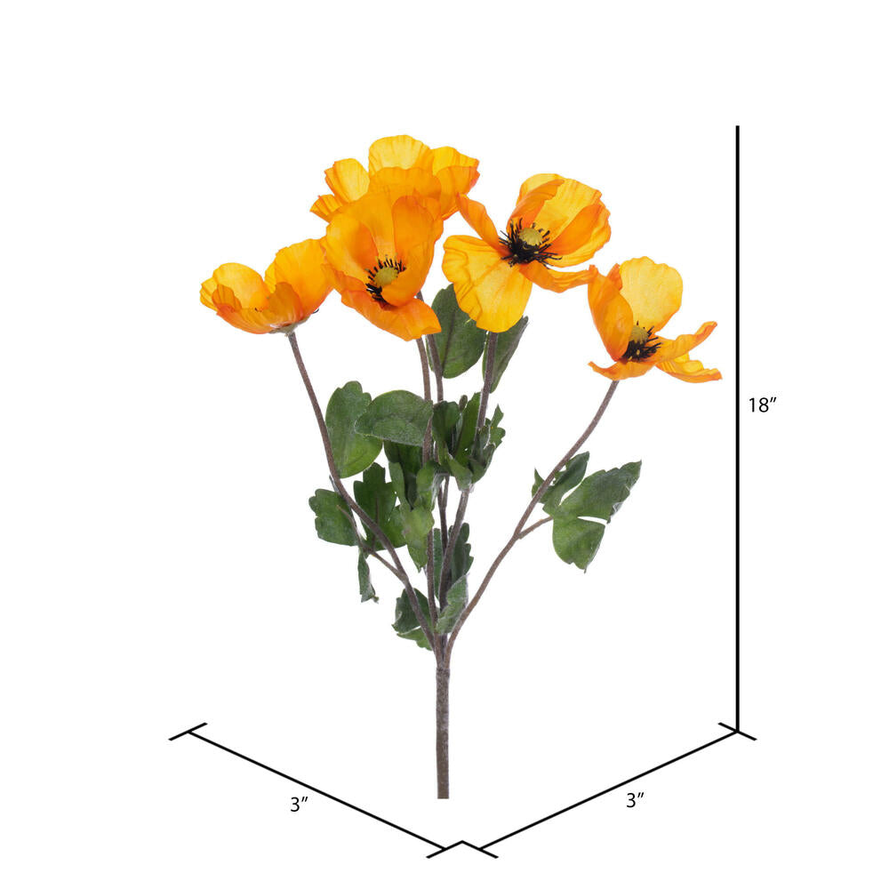 Vickerman 18" Artificial Orange Poppy And Foliage Bush. 5 Flowers Heads Per Bush. 3 Bushes In A Bag.
