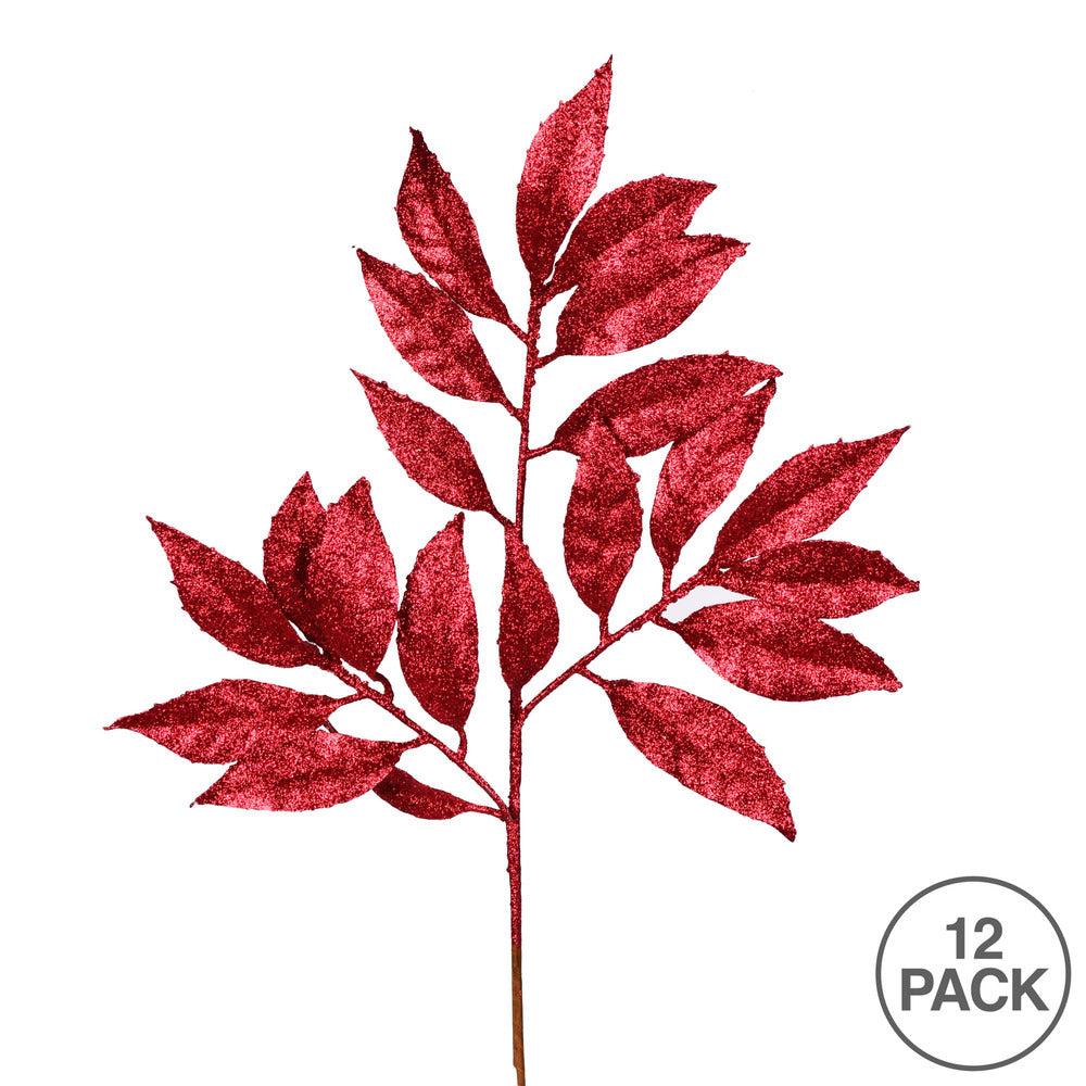 Vickerman 21" Burgundy Glitter Bay Leaf Artificial Christmas Spray. Includes 12 sprays per pack.