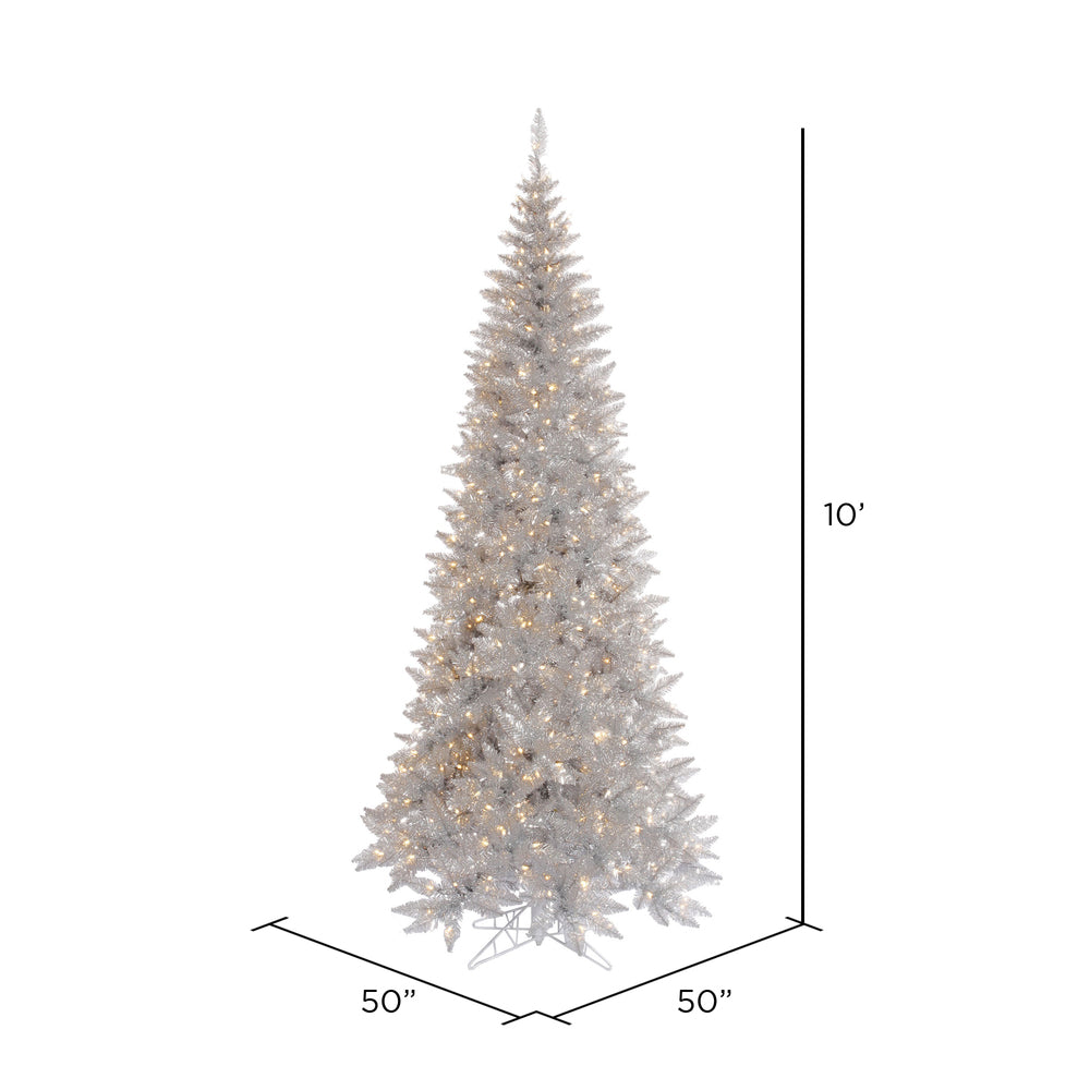 Vickerman 10' Silver Tinsel Fir Slim Artificial Christmas Tree Warm White Dura-lit LED Lights