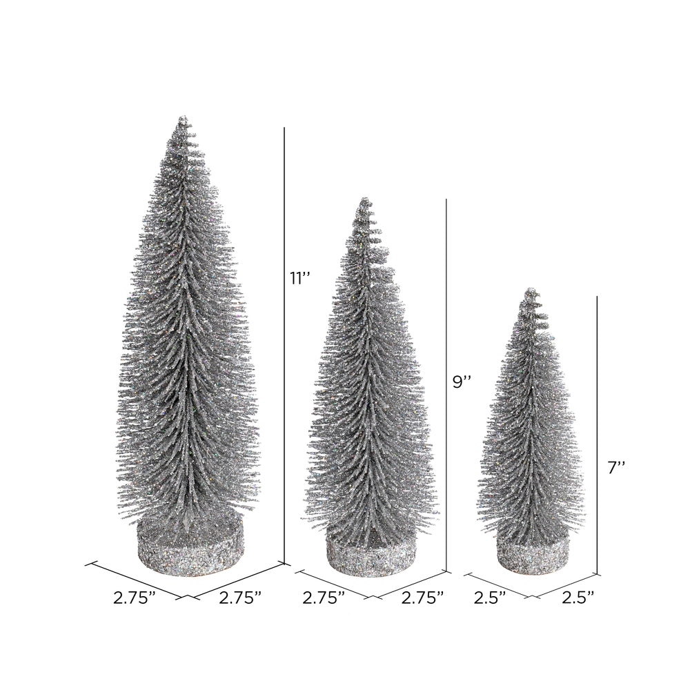 Vickerman 7"-9"-11" Silver Glitter Oval Pine Artificial Christmas Tree Set of 3