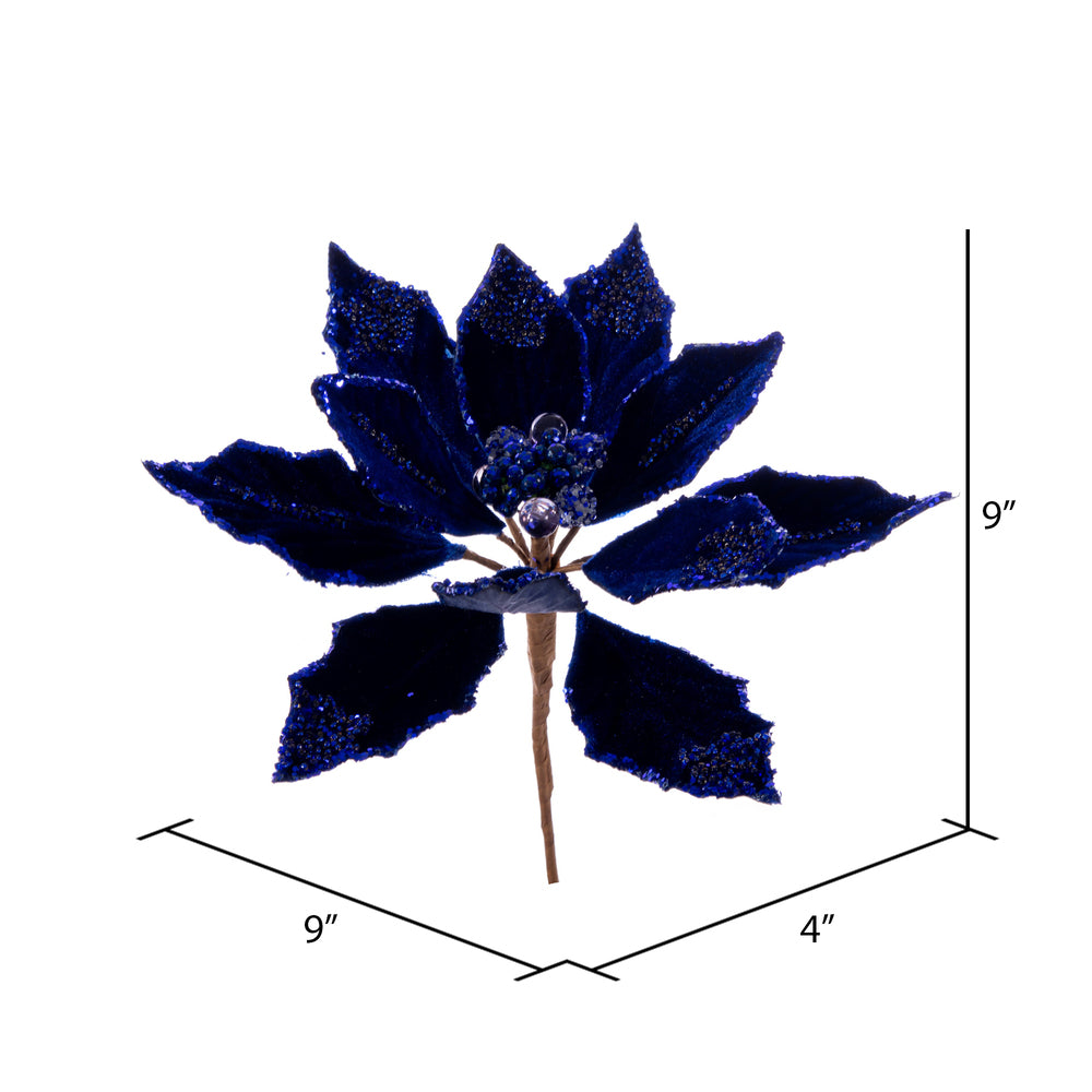 Vickerman 9" Artificial Midnight Blue Double Sided Velvet Poinsettia Christmas Pick 2 per bag