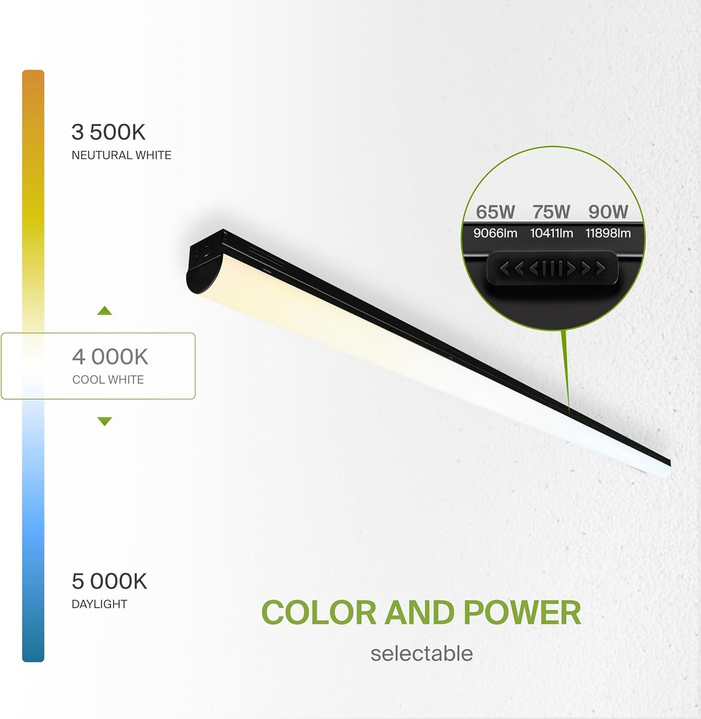ASD Lighting LED Striplight Fixture with Q-base 8feet Power Adjustable 65/75/90W 120-277V CCT Selectable 3500/4000/5000K Dimmable Black UL DLC Standard