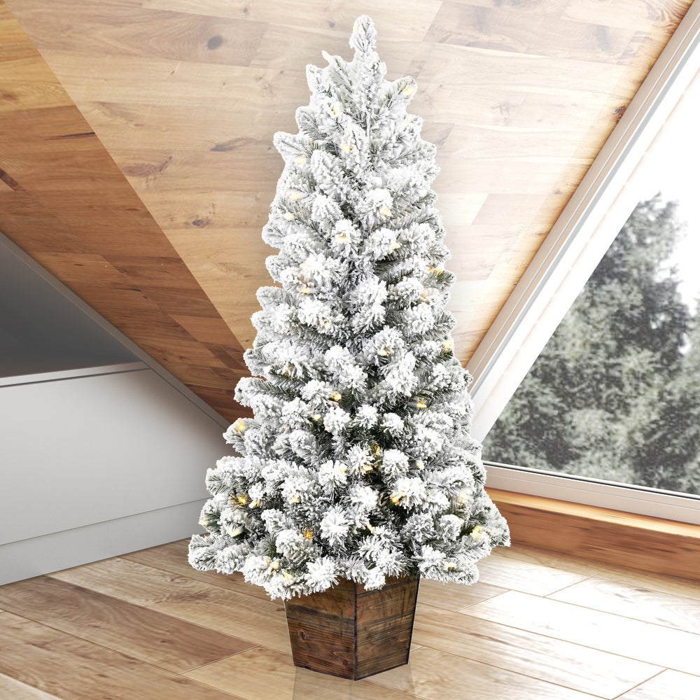 Vickerman 4' x 22" Flocked Gifford Slim Potted Pine Artificial Christmas Tree Warm White LED Lights