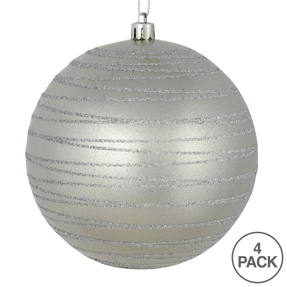 Vickerman 4.75" Silver Candy Finish Ball Ornament with Glitter Lines 4 per Bag