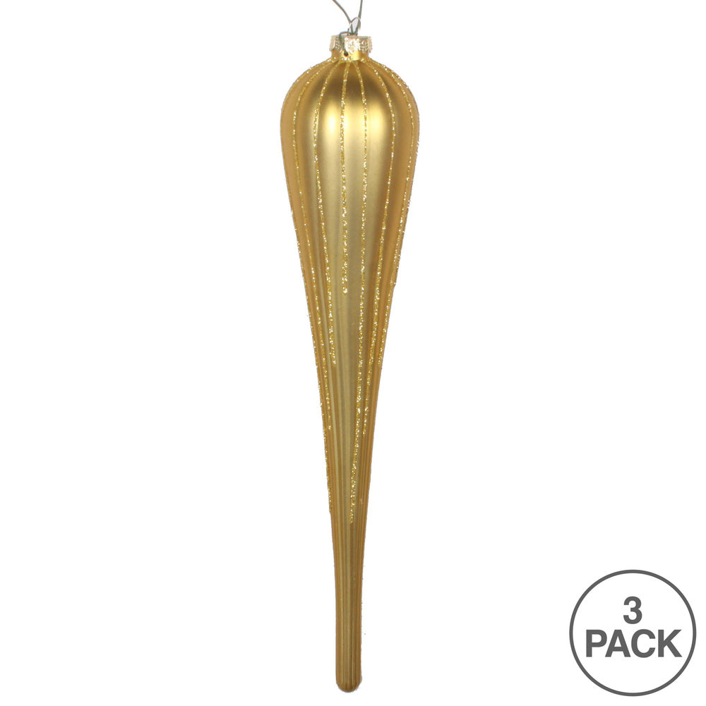 Vickerman 11" Gold Matte Glitter Drop Christmas Ornament Set of 3