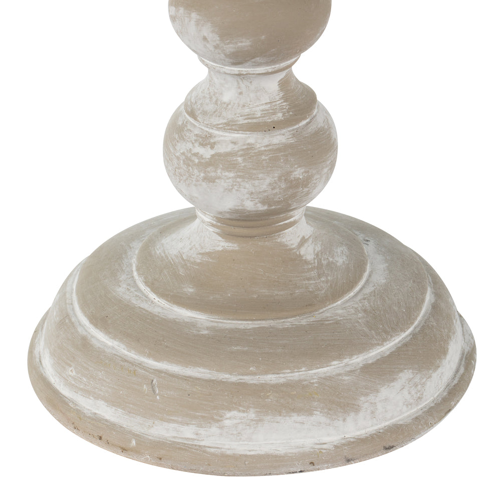 Vickerman 13" White Candlestick Polyresin. This candle stick is made of durable polyresin material. It features a modern shape with brushed accents. The candlestick measures 13" H x 5.75" W. It best suits a candle that is 3 inches in diameter.