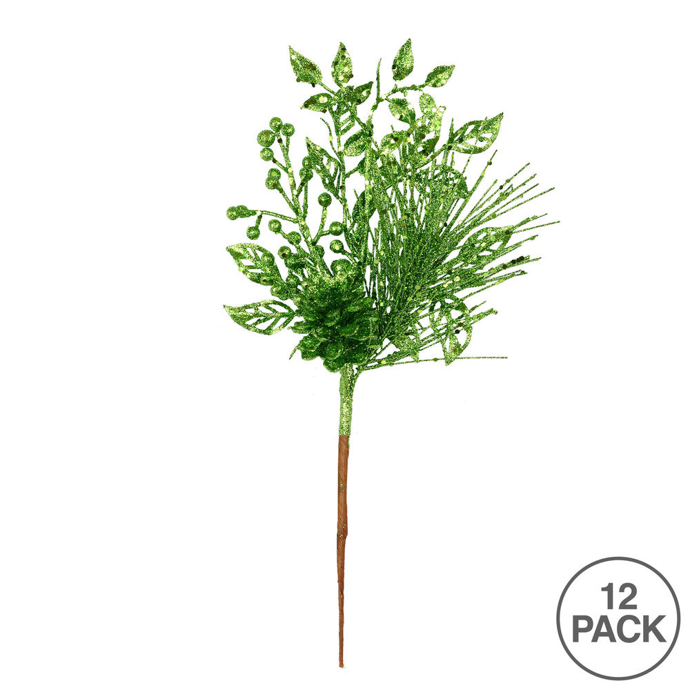 Vickerman 10" Lime Pinecone Glitter Leaf Artificial Christmas Pick 12 per Bag