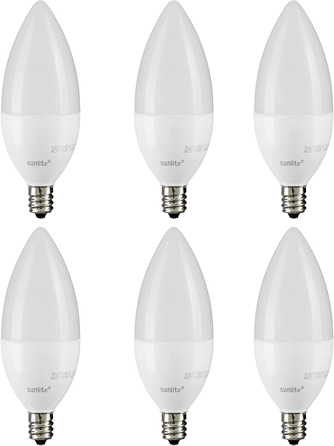 Sunlite 41640 LED B11 Frosted Torpedo Tip Chandelier Light Bulb, 4.5 Watts (40W Equivalent) 300 LUMENS, Candelabra E12 Base, Dimmable Energy Star and ETL Certified, 3000K Warm White, 6 Count