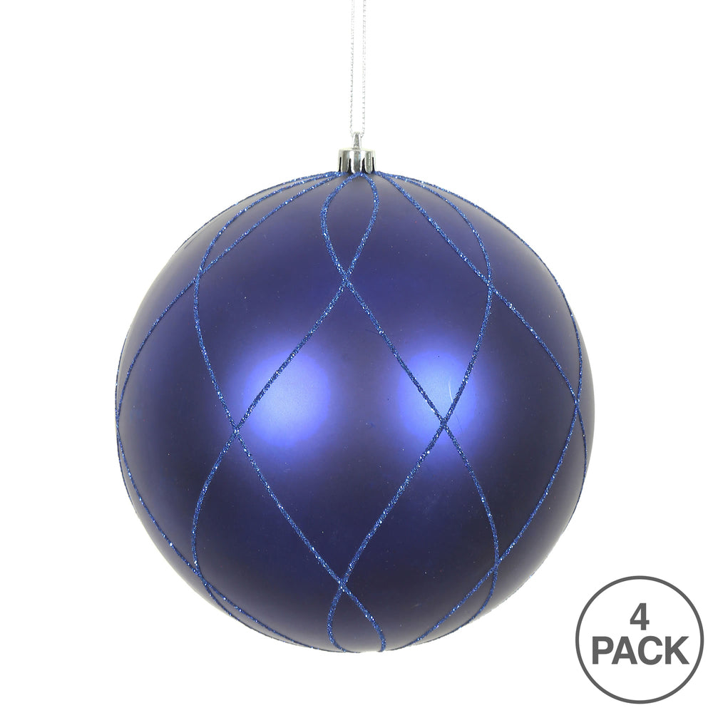 Vickerman 4" Cobalt Blue Matte and Glitter Swirl Ball Ornament 4 per Box