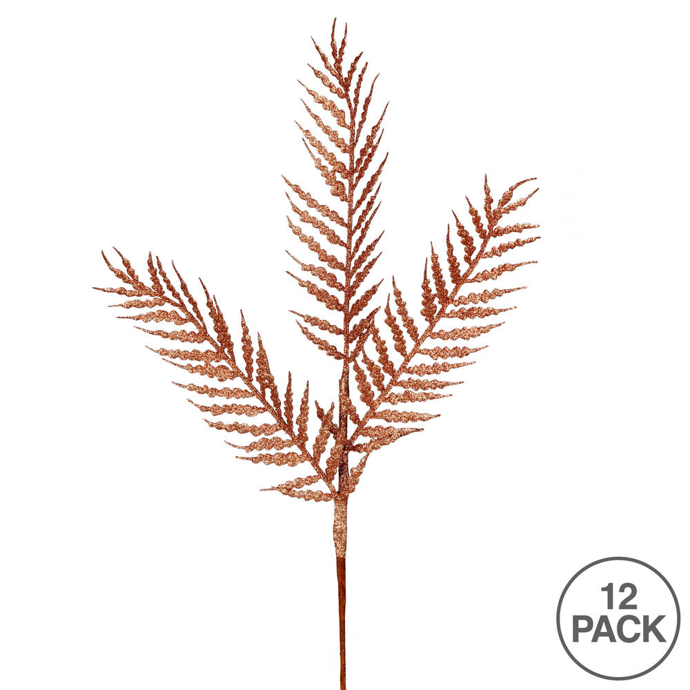 Vickerman 21" Rose Gold Glitter Feather Fern Artificial Christmas Spray. Includes 12 sprays per pack.