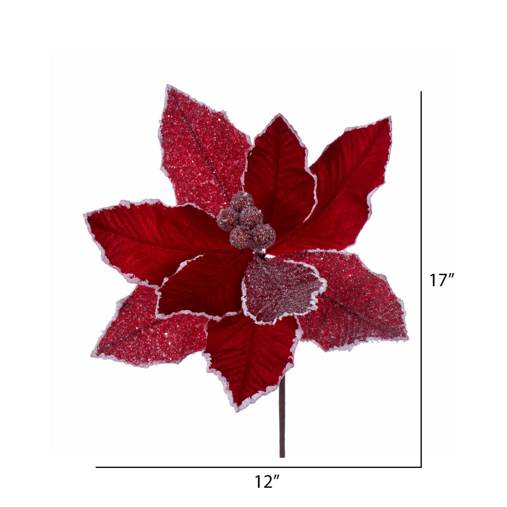 Vickerman 17" Artificial Red Glitter Petal Poinsettia Christmas Stem 5 per bag