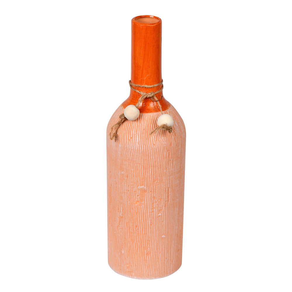 Vickerman 13.25" Brown Twine Terracotta Bottle. This vase is the perfect addition to any southern decor. Add warm tones to your color palette with this brown bottle. It features a small twine accent. It measures 13.25" H x 4" W. 95% TERRACOTTA 3% WOOD 2%