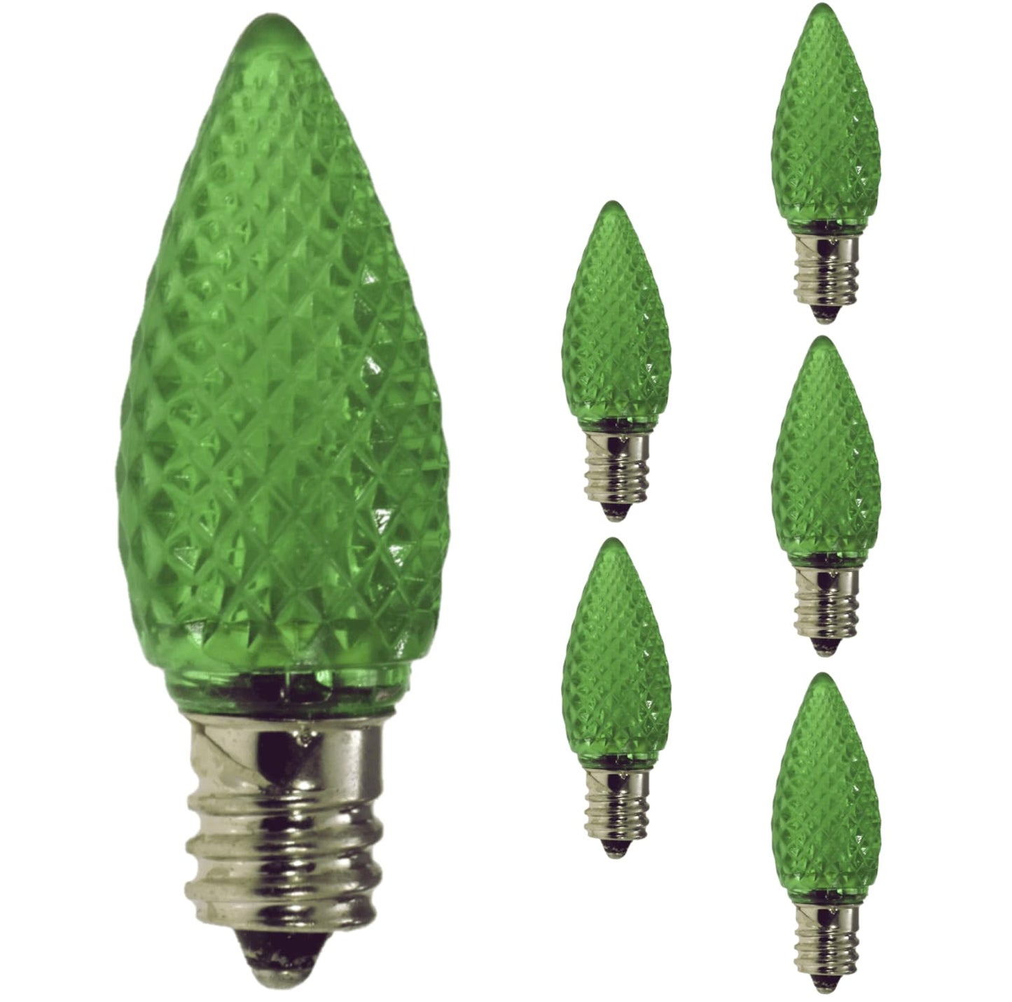 Damar- C7 LED Replacement Christmas Light Bulbs Twinkle Transparent Faceted Green Color 0.96W E12 Candelabra Base 120V Dimmable Pack of 6- Shatterproof String Lights for Patio Holiday Party Decor
