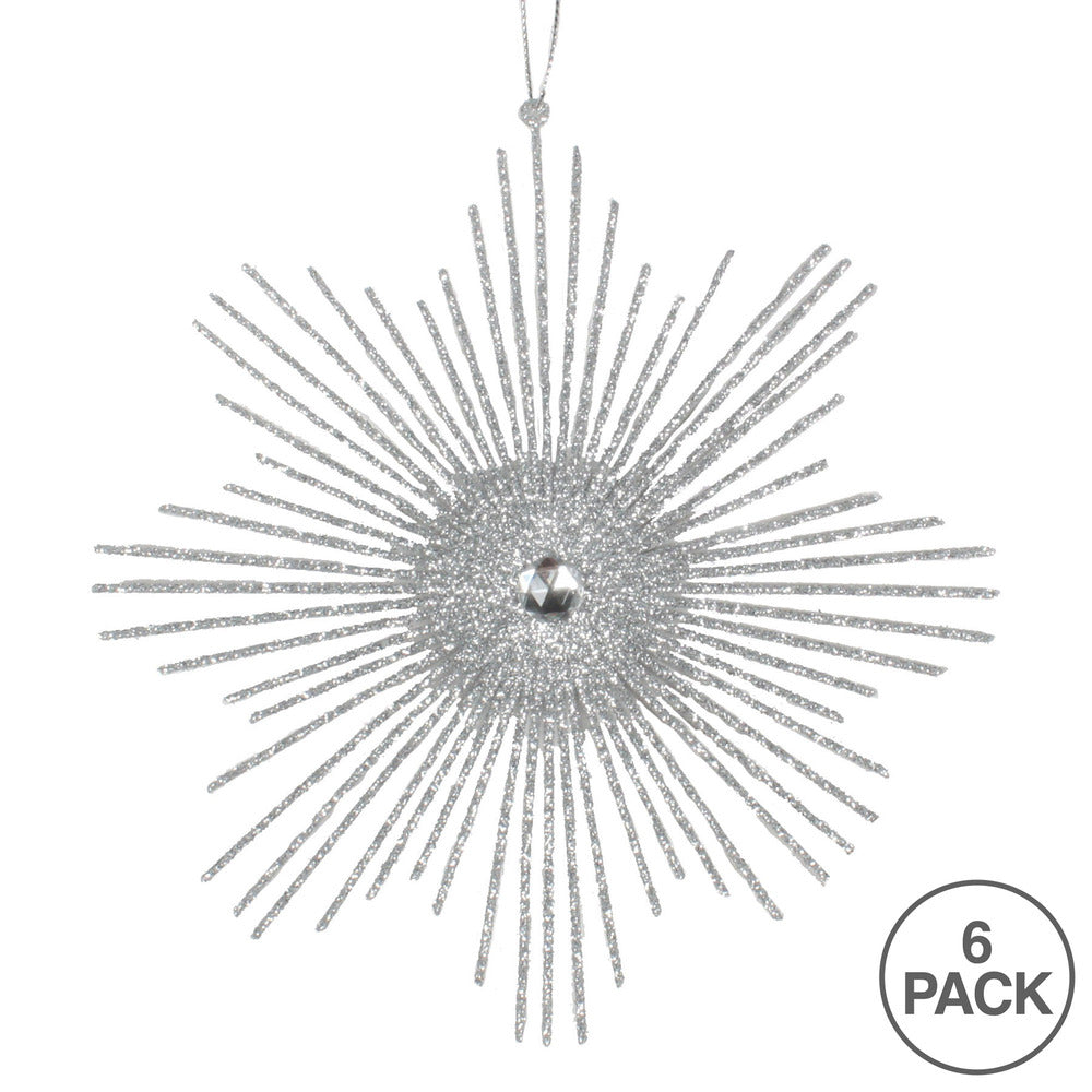 Vickerman 6.5" Silver Snowflake Burst Glitter Christmas Ornament 6 per Bag